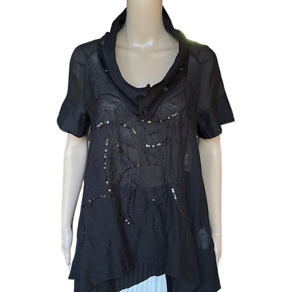 Diesel Removable Collar Black Semi-Sheer Embroidered Top with Sequins